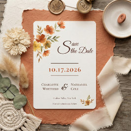 Boho-Terrakotta-Wildblumen-Herbsthochzeit Save The Date