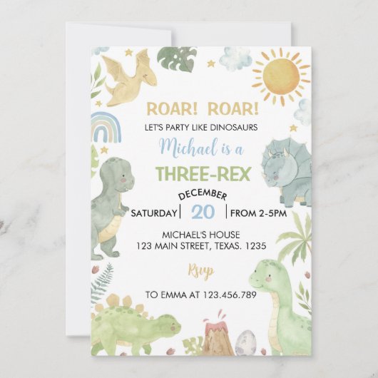 Boho Three-Rex Dinosaurier Einladung zum Geburtsta (Vorderseite)