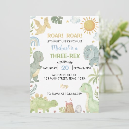 Boho Three-Rex Dinosaurier Einladung zum Geburtsta (Stehend Vorderseite)