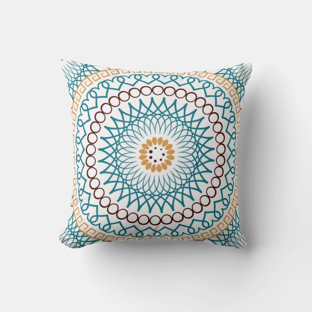Boho Throw Pillow Brown Aquamarin Gold Kissen (Vorderseite)