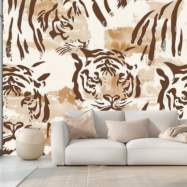 Boho Tiger Animal Print in Soft Beige und Brown Tapete (Von Creator hochgeladen)