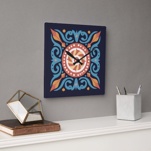 Boho Tile Wall Clock Quadratische Wanduhr (Büro)