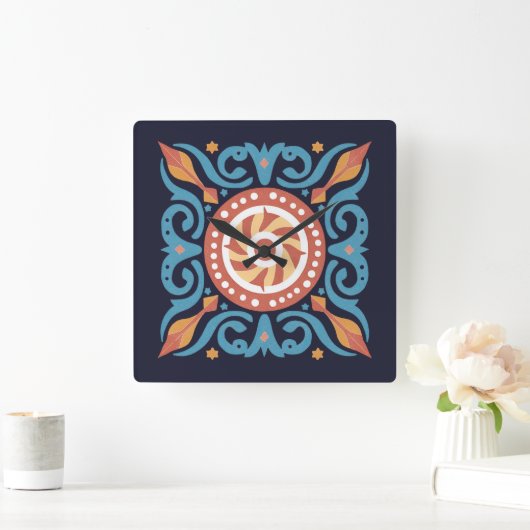 Boho Tile Wall Clock Quadratische Wanduhr (Zuhause)