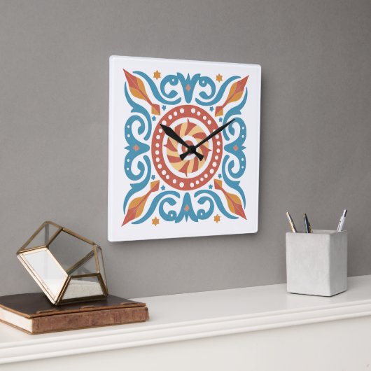 Boho Tile Wall Clock Quadratische Wanduhr (Büro)