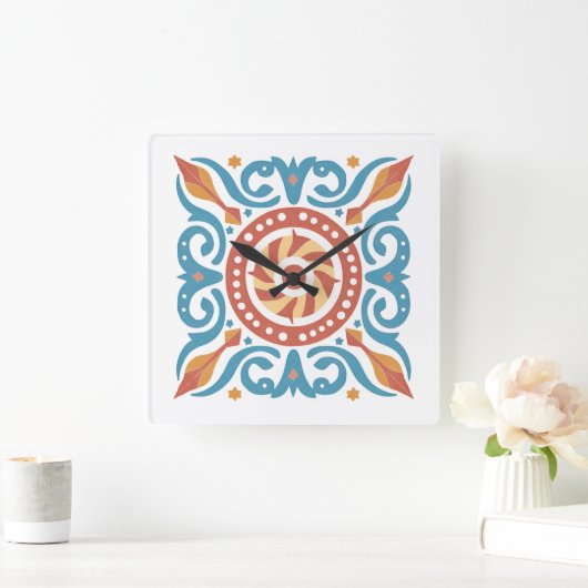 Boho Tile Wall Clock Quadratische Wanduhr (Zuhause)
