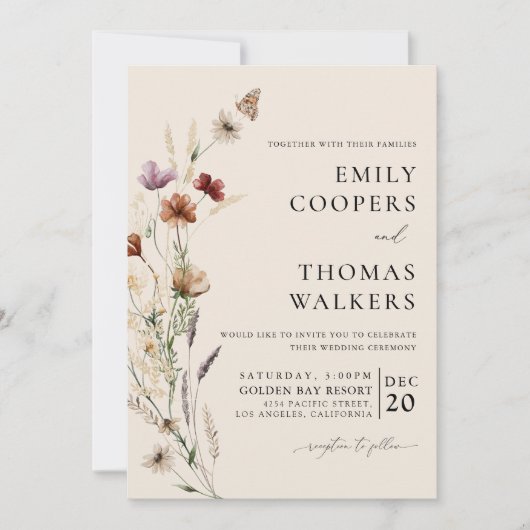 Boho Tiny Wildblume Hochzeitfeier Einladung (Vorderseite)