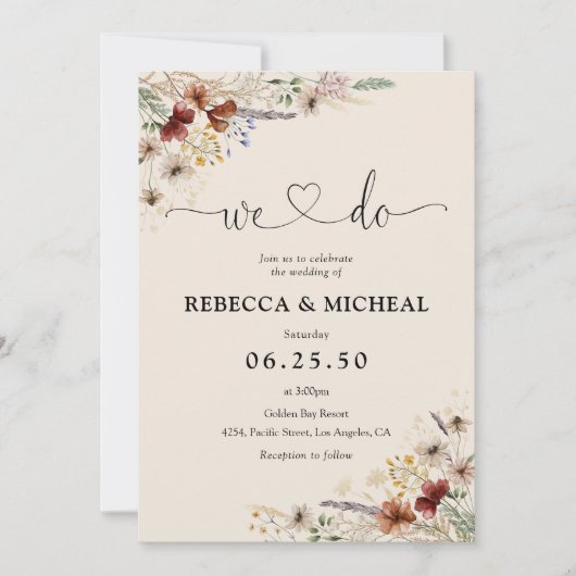 Boho Tiny Wildblume Hochzeitfeier Einladung (Vorderseite)