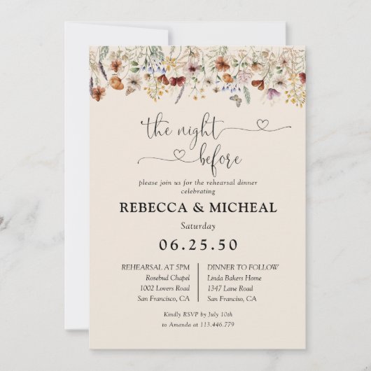 Boho Tiny Wildblume Probe Dinner Einladung (Vorderseite)