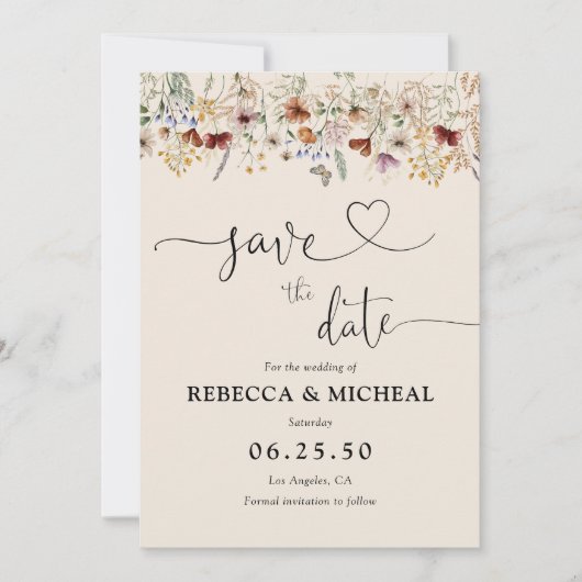 Boho Tiny Wildblume Save the Date Card (Vorderseite)