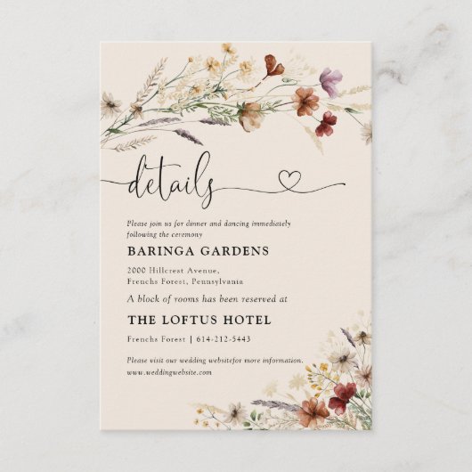 Boho Tiny Wildblume Wedding Details Begleitkarte (Vorderseite)