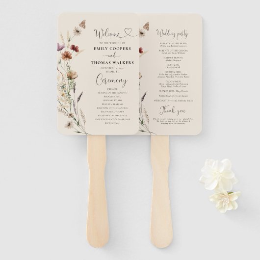 Boho Tiny Wildblume Wedding Program Hand Fan Fächer (Vorne und Hinten)
