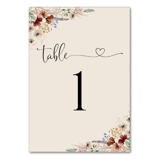 Boho Tiny Wildblume Wedding Tischnummer (Vorderseite)