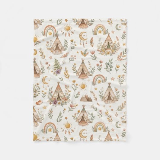 Boho-Tipi und Wald-Regenbogen-Neutrales Baby Fleecedecke (Vorderseite)