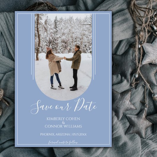 Boho-Torbogen-Foto Save the Date | Staubblau