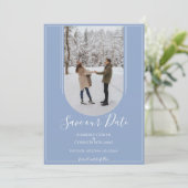 Boho-Torbogen-Foto Save the Date | Staubblau (Stehend Vorderseite)