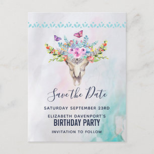 Boho-Totenschädel mit Blumenbouquet Save-the-Date Postkarte