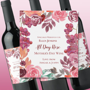 Boho Trauben und Rose Muttertag Weinetikett