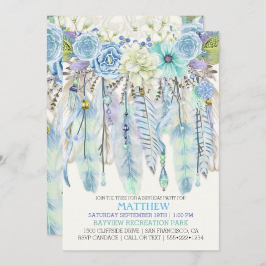 Boho Traumfänger versieht Türkis-Blau mit Federn Einladung (Vorne/Hinten)