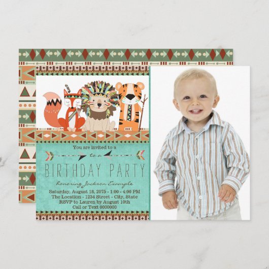 Boho Tribal Animal Birthday Party Einladung (Vorne/Hinten)