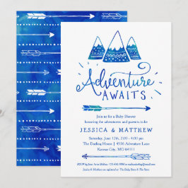 Boho Tribal Blue "Adventure Awaits" Baby Shower Einladung
