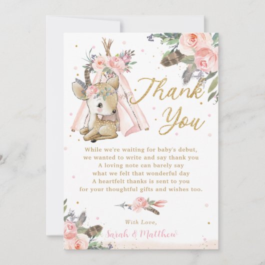 Boho Tribal Blush Bloral Woodland Deer Baby Dusche Dankeskarte (Vorderseite)