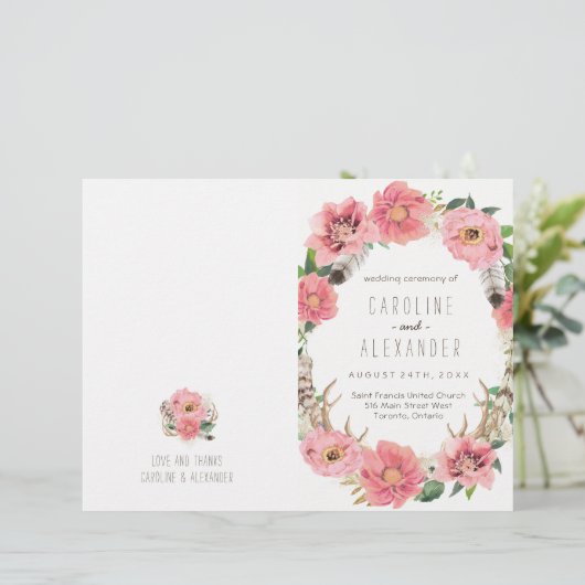 Boho Tribal Bohemisch Feather Wedding Programs (Stehend Vorderseite)