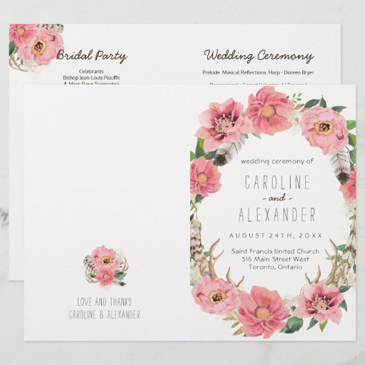 Boho Tribal Bohemisch Feather Wedding Programs (Vorne/Hinten)