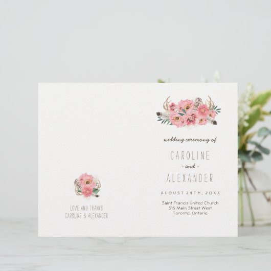 Boho Tribal Bohemisch Feather Wedding Programs (Stehend Vorderseite)