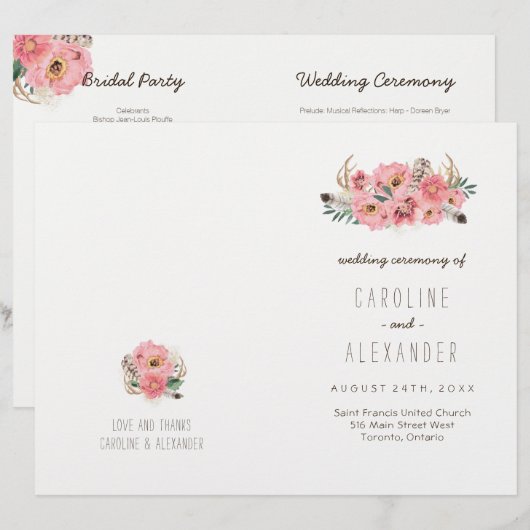 Boho Tribal Bohemisch Feather Wedding Programs (Vorne/Hinten)