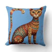 Boho Tribal Cat Cute Folk Art with Flowers