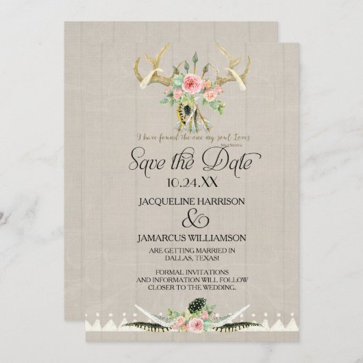 BOHO Tribal Deer Antler Feathers Art Save the Date Einladung (Vorne/Hinten)