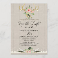 BOHO Tribal Deer Antler Feathers Art Save the Date