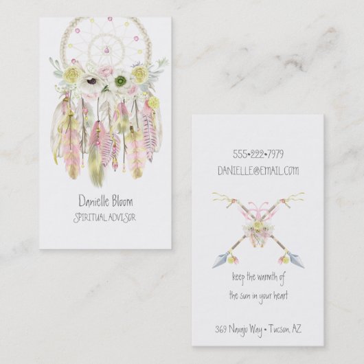 Boho Tribal Dream Catcher Arrows Feathers Blume Visitenkarte (Vorne/Hinten)