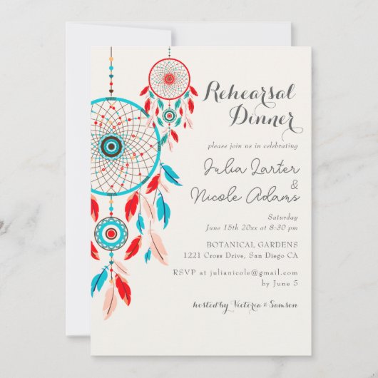 Boho Tribal feather Dreamcatcher Probe Abendessen Einladung (Vorderseite)