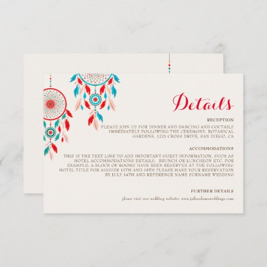 Boho Tribal feather Dreamcatcher Wedding Begleitkarte (Vorne/Hinten)