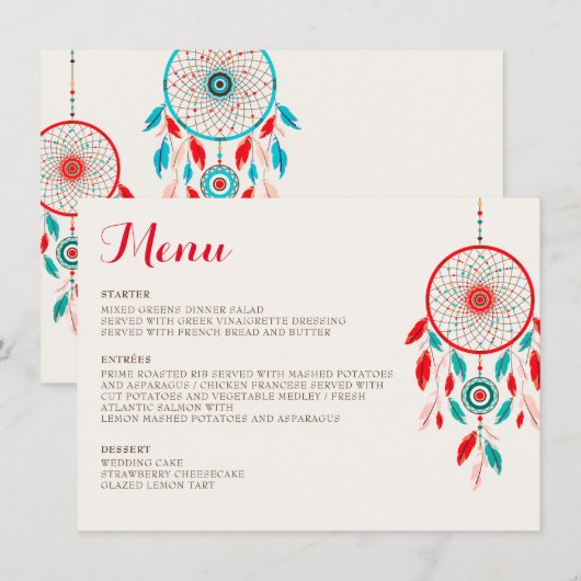 Boho Tribal feather Dreamcatcher Wedding Menükarte (Vorne/Hinten)