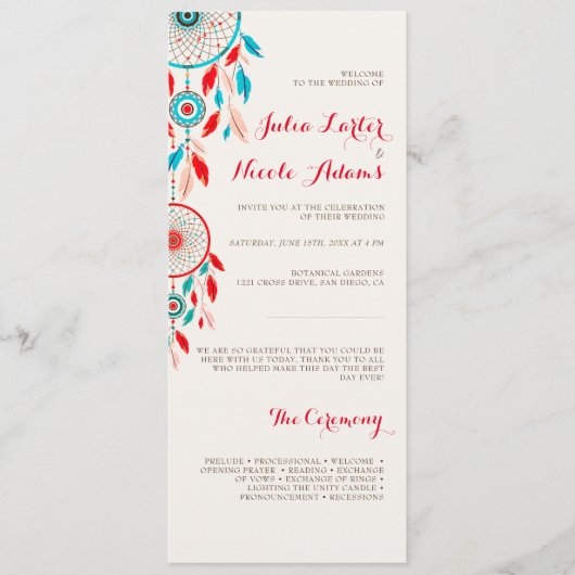 Boho Tribal feather Dreamcatcher Wedding Programm (Vorderseite)