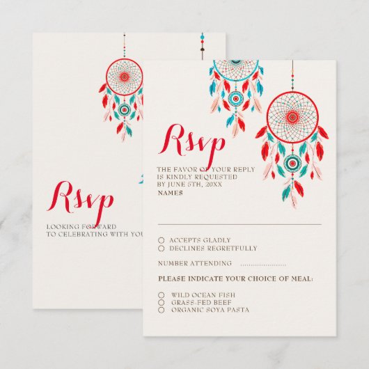 Boho Tribal feather Dreamcatcher Wedding RSVP Card Karte (Vorne/Hinten)