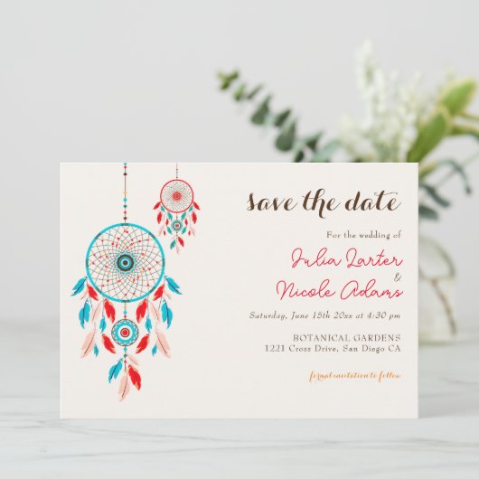 Boho Tribal feather Dreamcatcher Wedding Save The Date (Stehend Vorderseite)