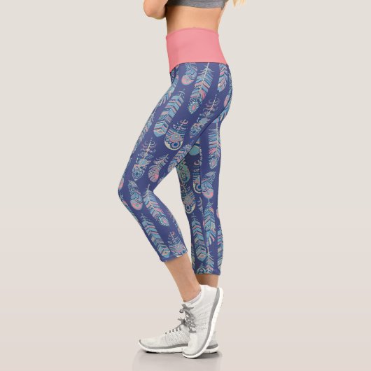 Boho Tribal Feathers Classic Blue Pink White Capri Leggings (Links)