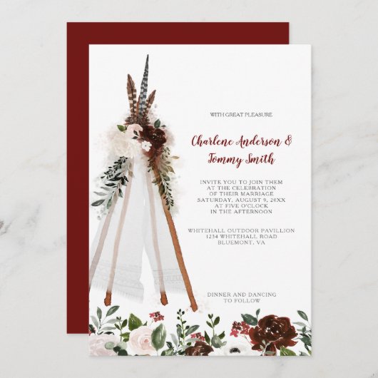 Boho Tribal Feathers Floral Bouquet Teepee Wedding Einladung (Vorne/Hinten)