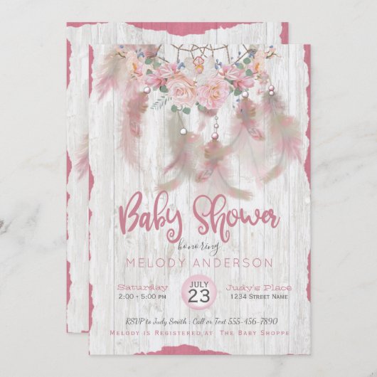 BOHO Tribal Floral Dream Catcher Pink Baby Dusche Einladung (Vorne/Hinten)