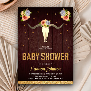 Boho-Tribal-Floral-Kuh-Schädel-Baby-Party Einladung