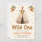 Boho Tribal Floral Teepee Wild One erster Geburtst Einladung (Vorderseite)