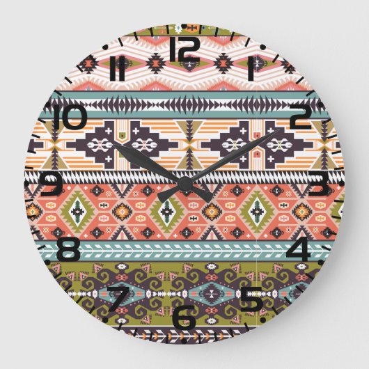 Boho Tribal Geometric Muster Südwestaztec Große Wanduhr (Vorderseite)