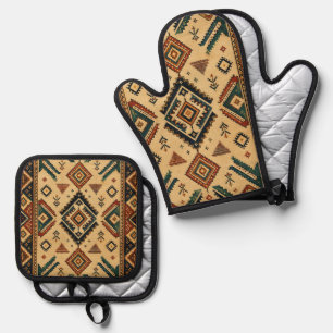 Boho-Tribal-Geometrischer-Küchen-Ofenhandschuh-und Ofenhandschuh & Topflappen-Set
