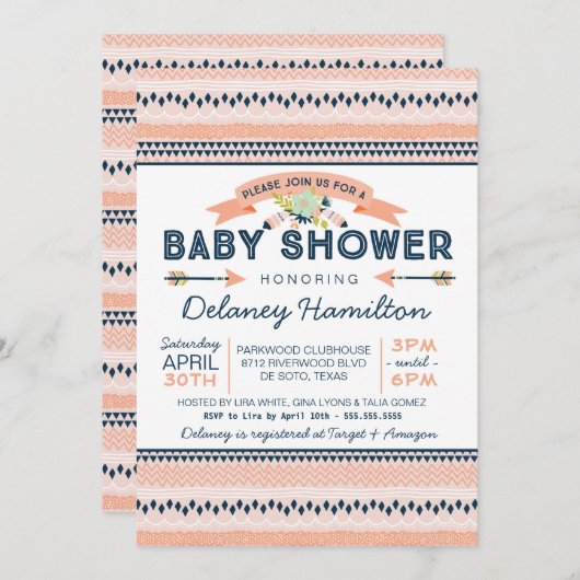 Boho Tribal Peach and Navy Ethnic Baby Shower Einladung (Vorne/Hinten)