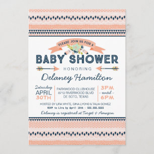 Boho Tribal Peach and Navy Ethnic Baby Shower Einladung