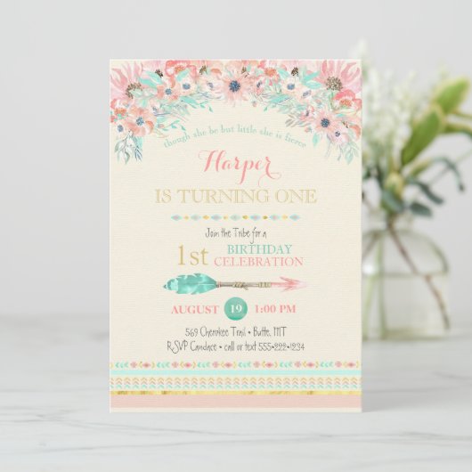 Boho Tribal Peach Minze Arrow Floral Wasserfarben Einladung (Stehend Vorderseite)