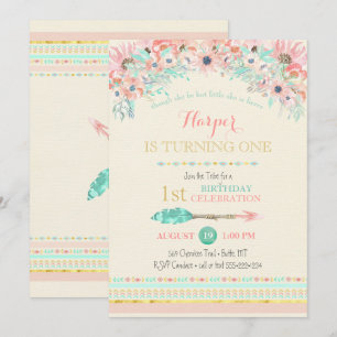 Boho-Tribal-Pfirsich-Minz-Pfeil-Wasserfarben-Blume Einladung